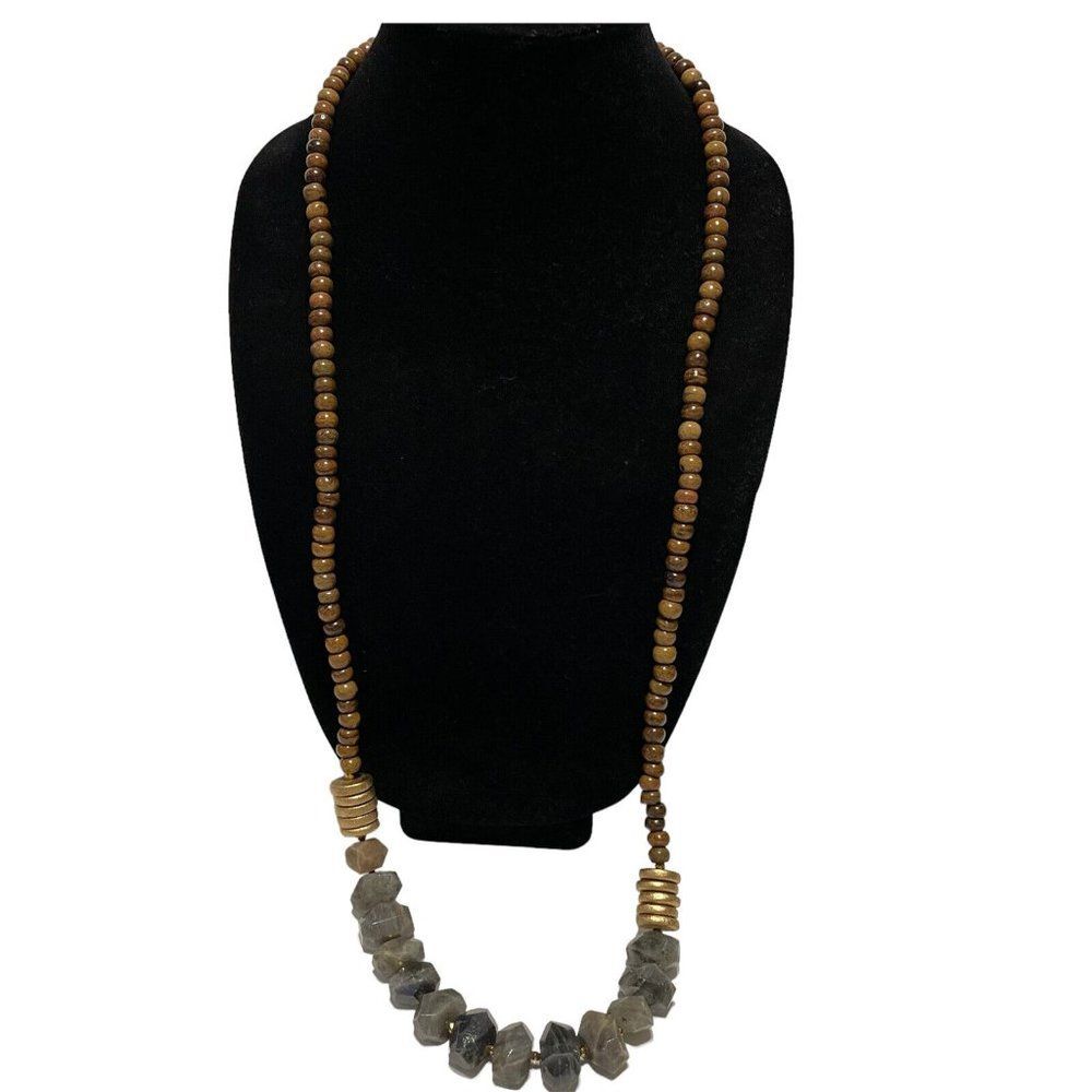 36” long bpd boho quartz wood stone Beaded necklace Slip Over Brown